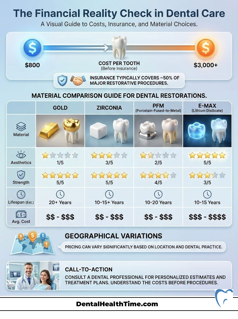Infographic comparing dental restoration costs, materials, and insurance coverage, featuring charts and icons.