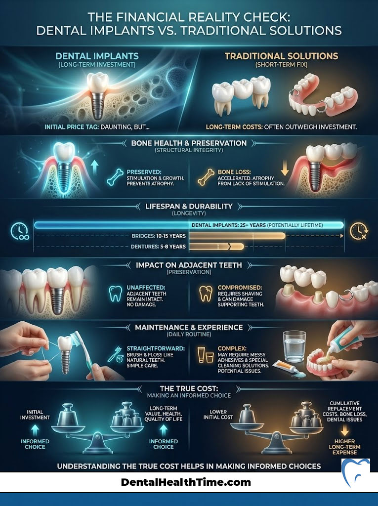 Infographic comparing dental implants and traditional solutions, highlighting costs, lifespan, and maintenance.
