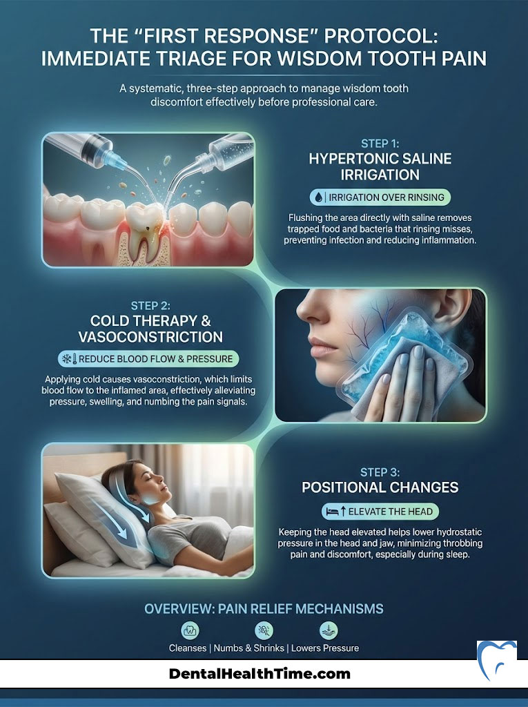 Infographic detailing a three-step protocol for managing wisdom tooth pain, including saline irrigation, cold therapy, and positional changes.
