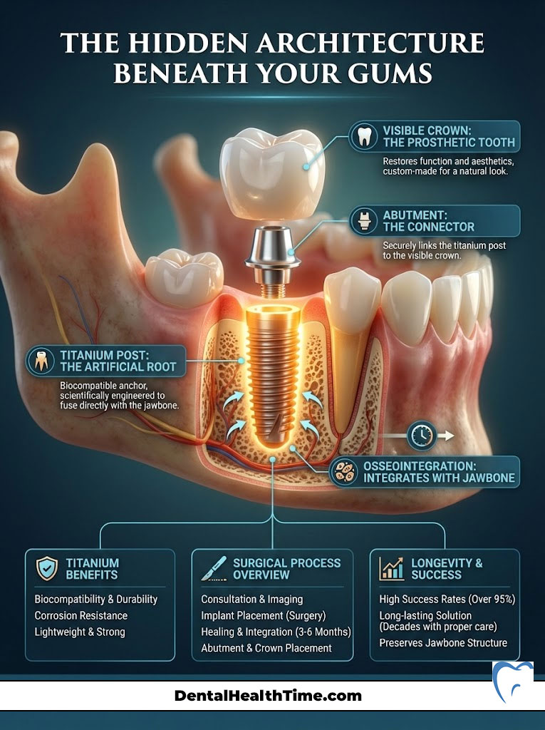 Infographic illustrating dental implant components, including visible crown, abutment, and titanium post with benefits.