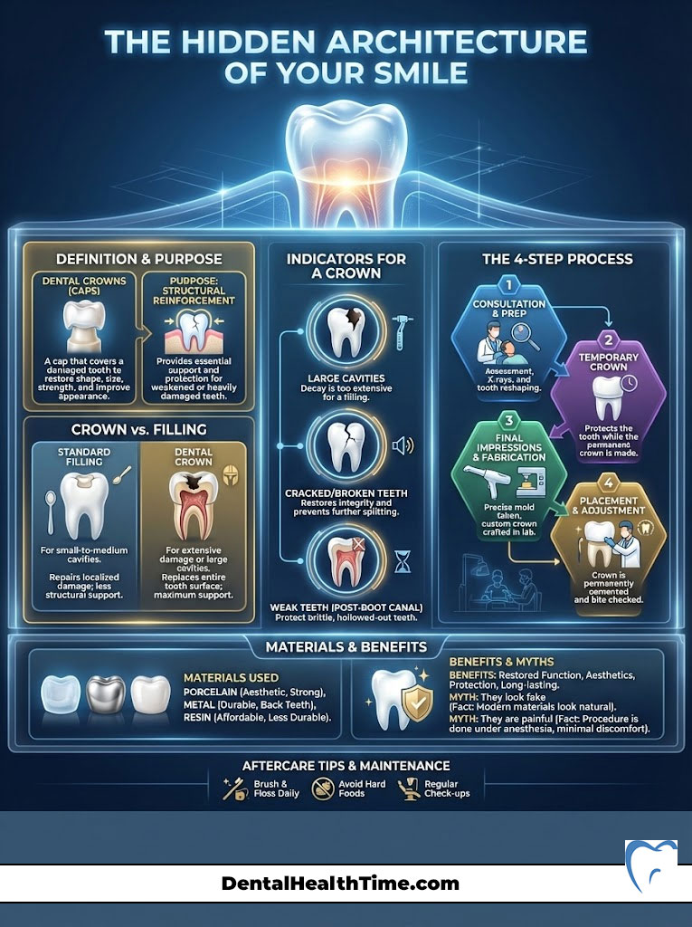 Infographic explaining dental crowns, their purpose, indicators, materials, benefits, and aftercare tips.