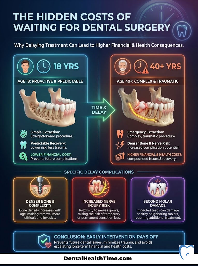 Infographic showing hidden costs of delaying dental surgery, comparing age 18 and 40+, with charts and icons illustrating risks.