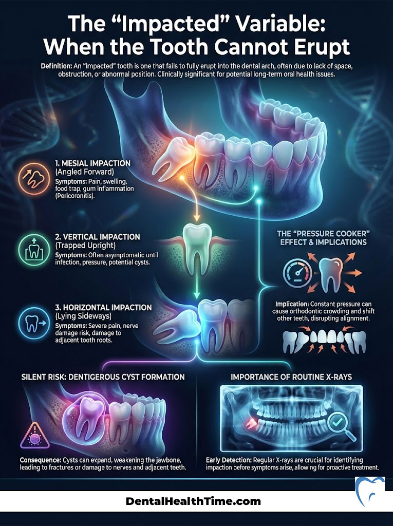 Infographic explaining tooth impaction types, symptoms, risks, and importance of X-rays for dental health.