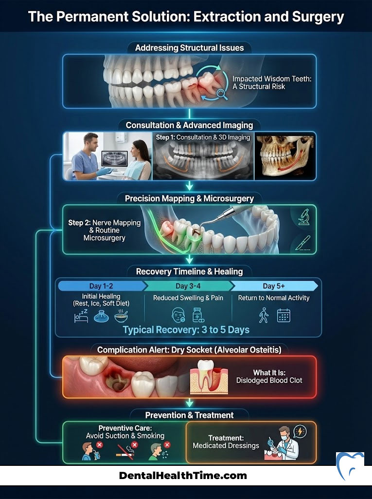 Infographic detailing dental extraction and surgery process, including steps, recovery timeline, and complications.