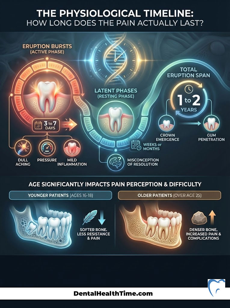 Infographic showing the physiological timeline of dental pain, including eruption phases and age impact on pain perception.