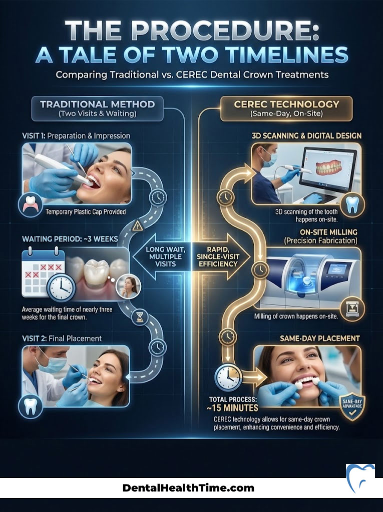 Infographic comparing traditional and CEREC dental crown treatments, highlighting timelines and processes.