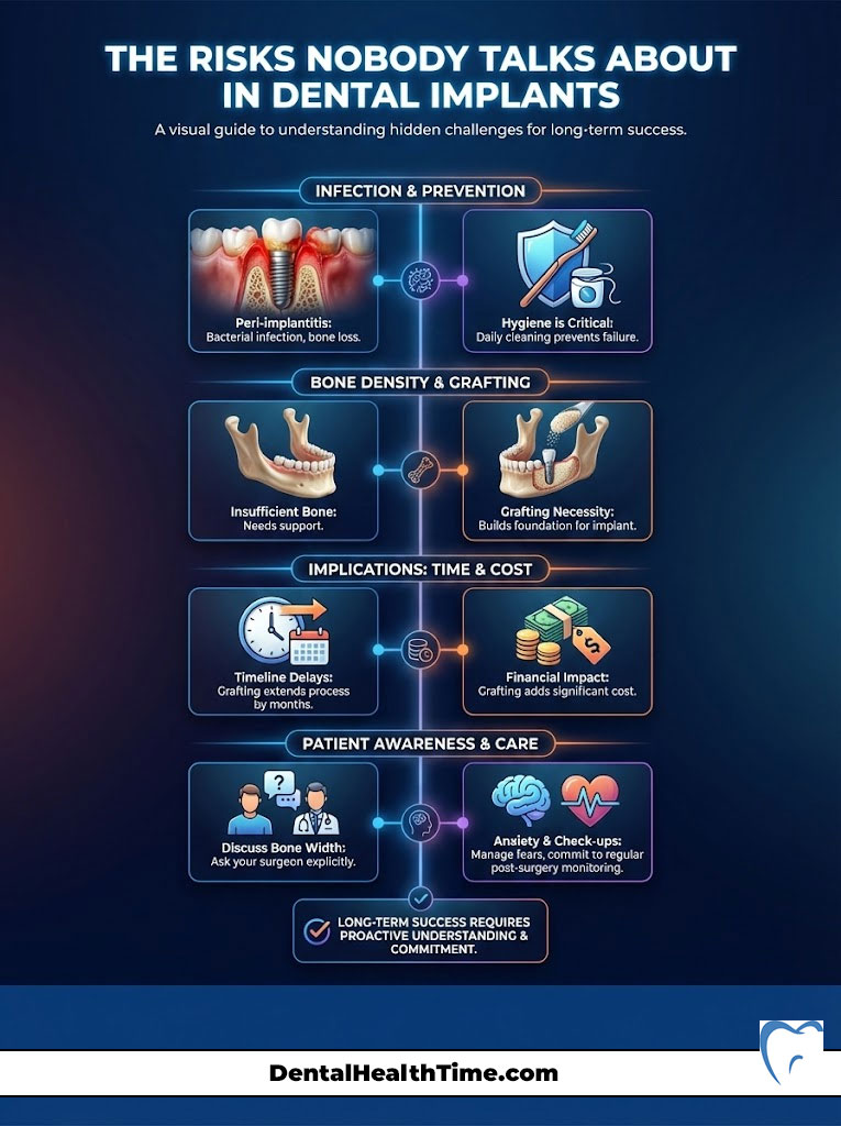 Visual guide on dental implant risks, showing infection, bone density, time implications, and patient care tips. Infographic.