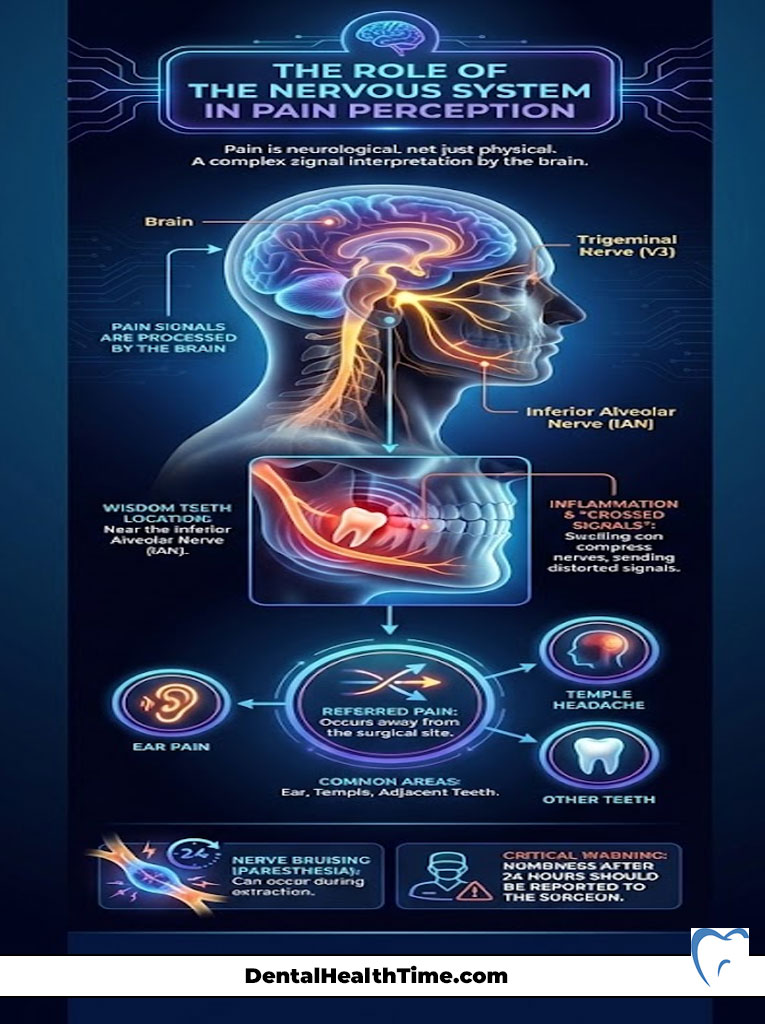 Infographic illustrating the nervous system's role in pain perception, featuring brain, nerves, and pain signals.