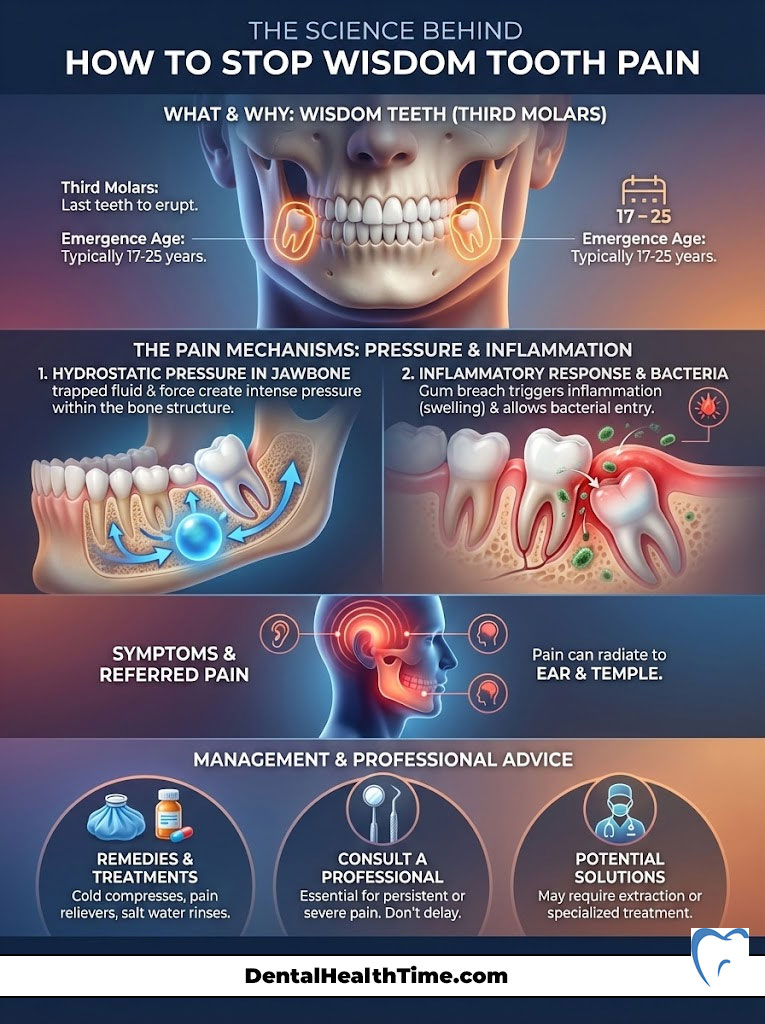 Infographic explaining wisdom tooth pain causes, symptoms, and management strategies with illustrations and text.