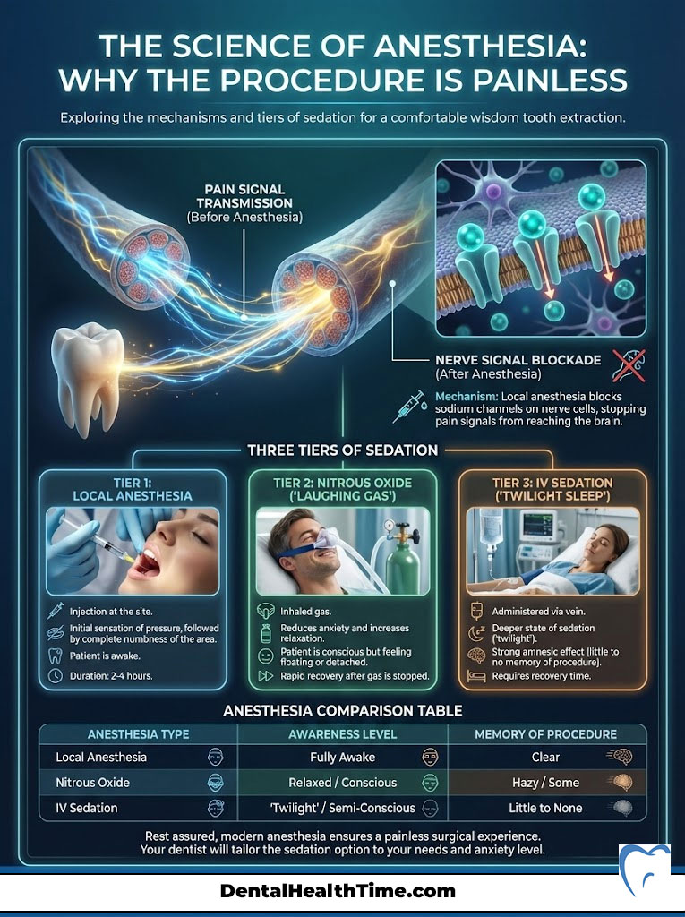 Infographic explaining anesthesia science, showing pain signal transmission, nerve signal blockade, and sedation tiers.