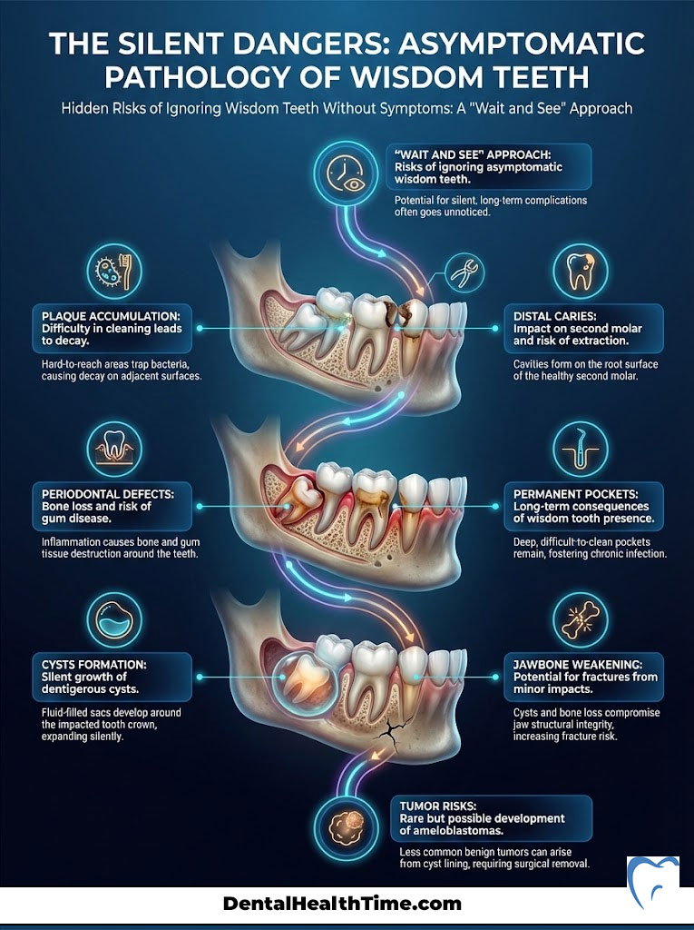 Infographic showing the hidden risks of ignoring asymptomatic wisdom teeth, including plaque accumulation and cyst formation.