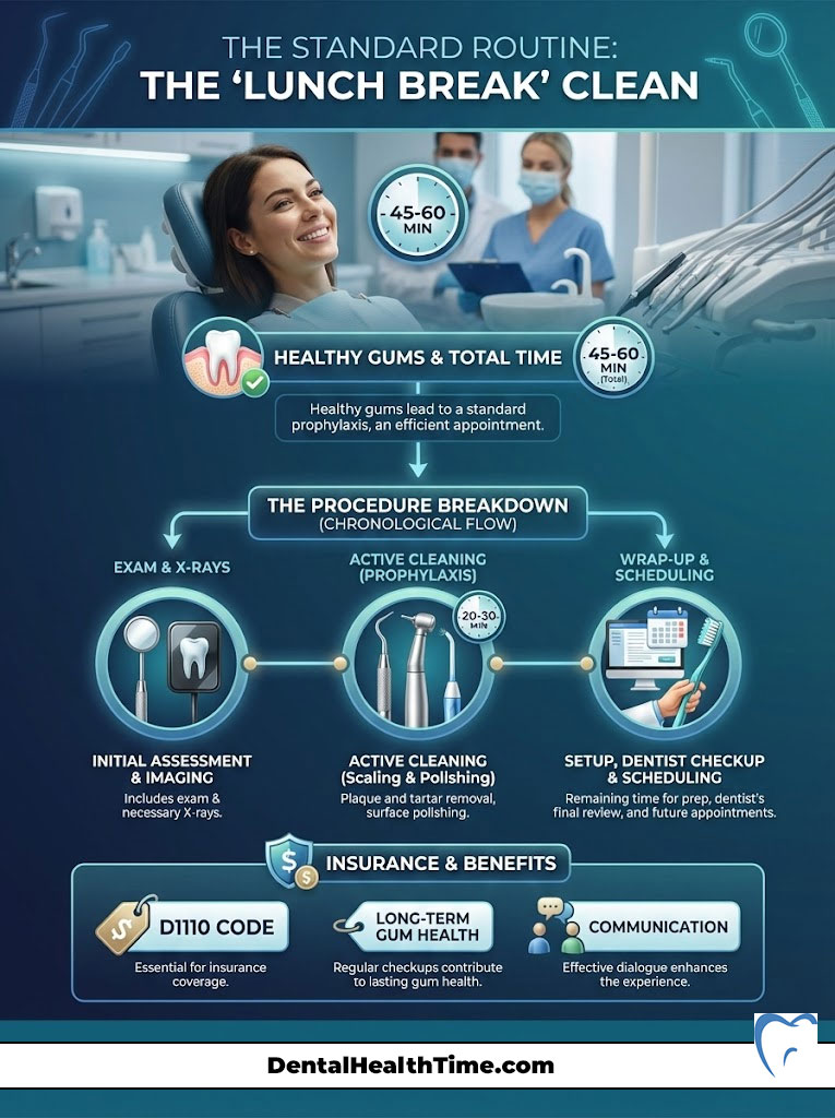 Infographic detailing the 'Lunch Break' clean dental routine, including steps and time estimates for procedures.