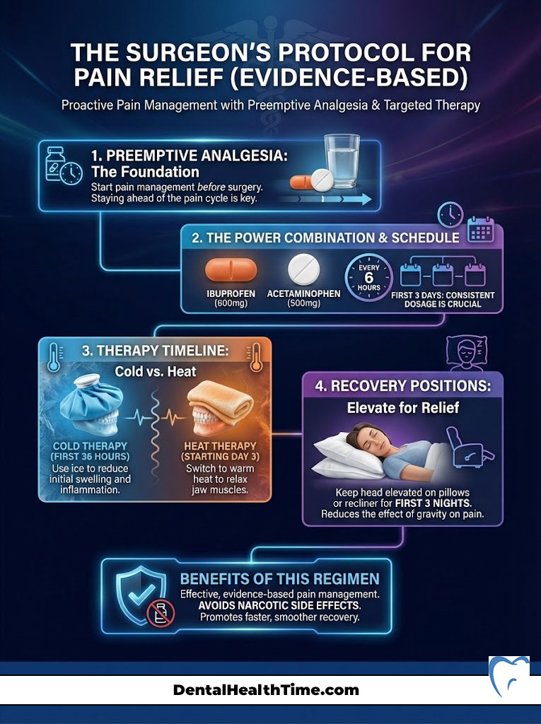 Infographic detailing the surgeon's protocol for pain relief, including preemptive analgesia and recovery positions.