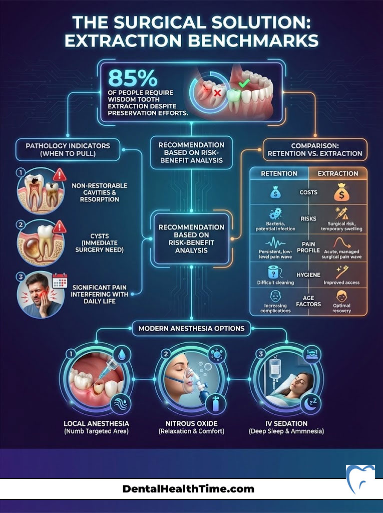 Infographic showing wisdom tooth extraction benchmarks, including statistics, recommendations, and anesthesia options.