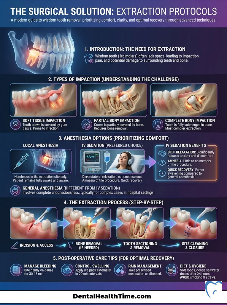 Infographic detailing wisdom tooth extraction protocols, including types of impaction and anesthesia options.