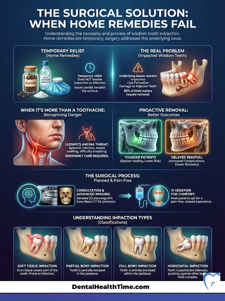 Infographic explaining wisdom tooth extraction, including home remedies, risks, and surgical process details.