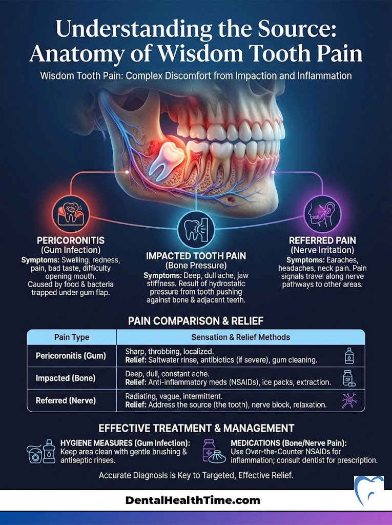 Infographic explaining wisdom tooth pain, showing symptoms, types, and treatment methods with illustrations and icons.