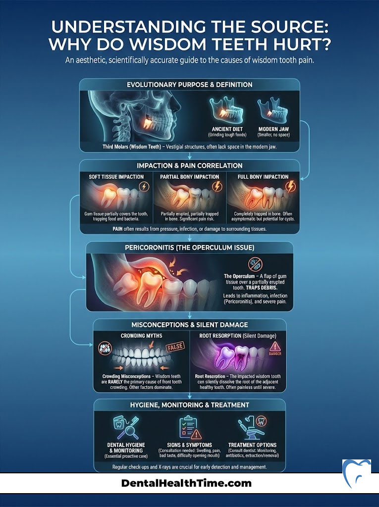 Infographic explaining wisdom tooth pain causes, including evolution, impaction types, and treatment options.