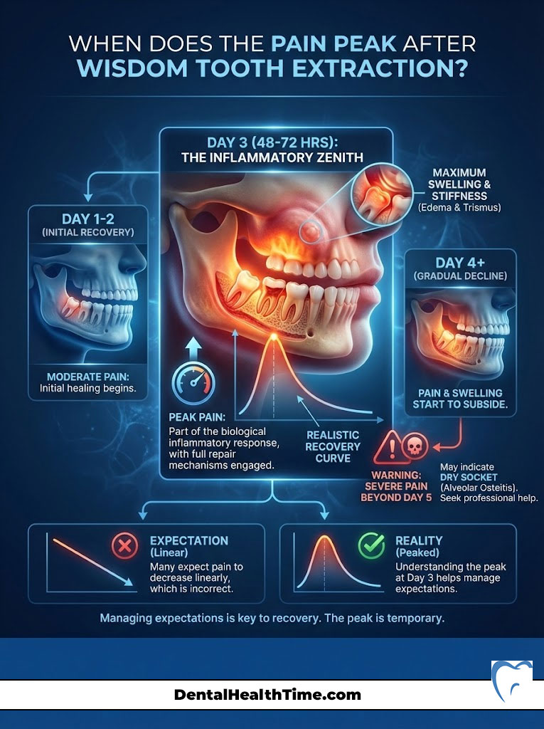 Infographic showing pain levels after wisdom tooth extraction, including recovery phases and peak pain days.