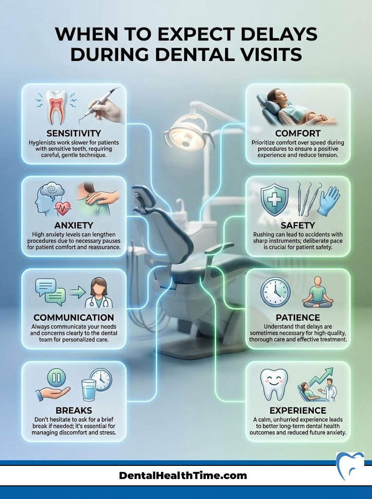 Infographic detailing factors causing delays during dental visits, including sensitivity, anxiety, and communication.