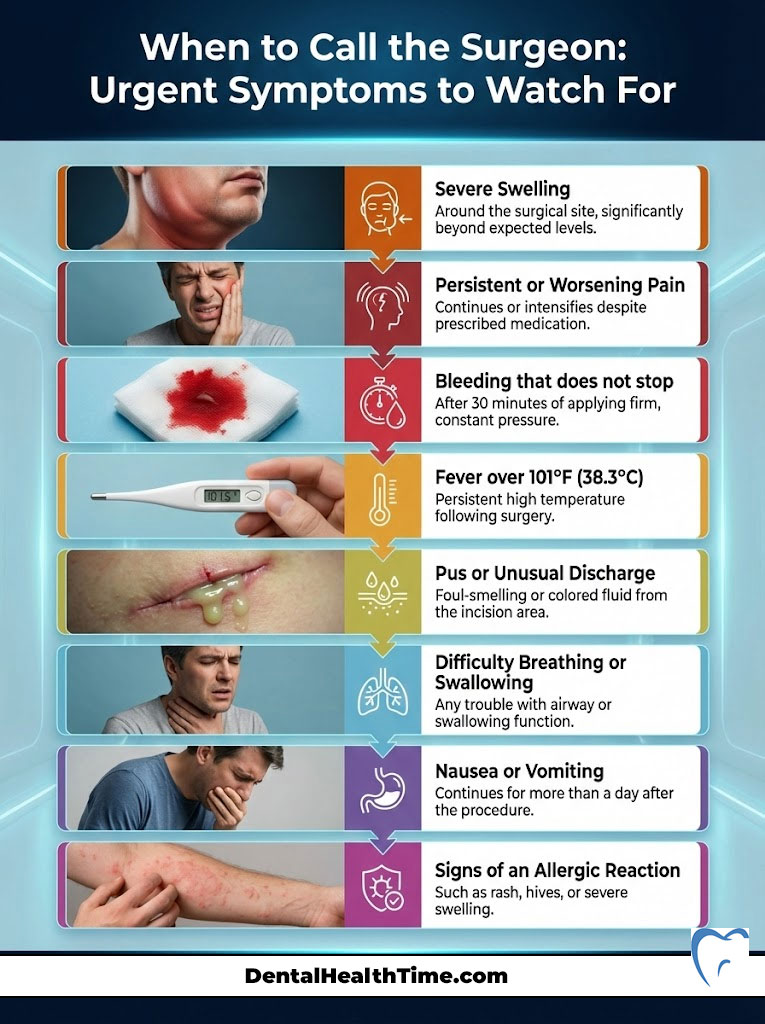 Infographic detailing urgent symptoms to watch for after surgery, including swelling, pain, and fever.