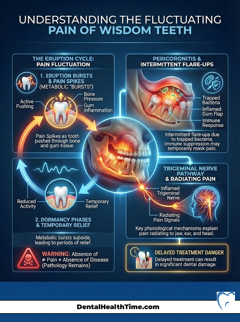 Illustration explaining wisdom teeth pain, featuring a skull, teeth, and anatomical details with labeled sections.