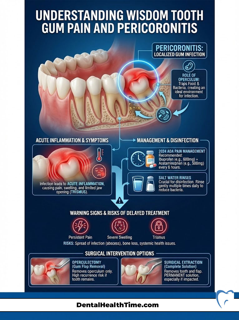 Infographic explaining wisdom tooth gum pain, pericoronitis, symptoms, management, and treatment options.