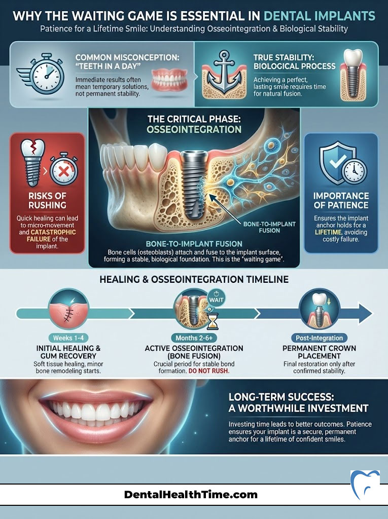 Infographic explaining osseointegration in dental implants, showing timelines, risks, and importance of patience.