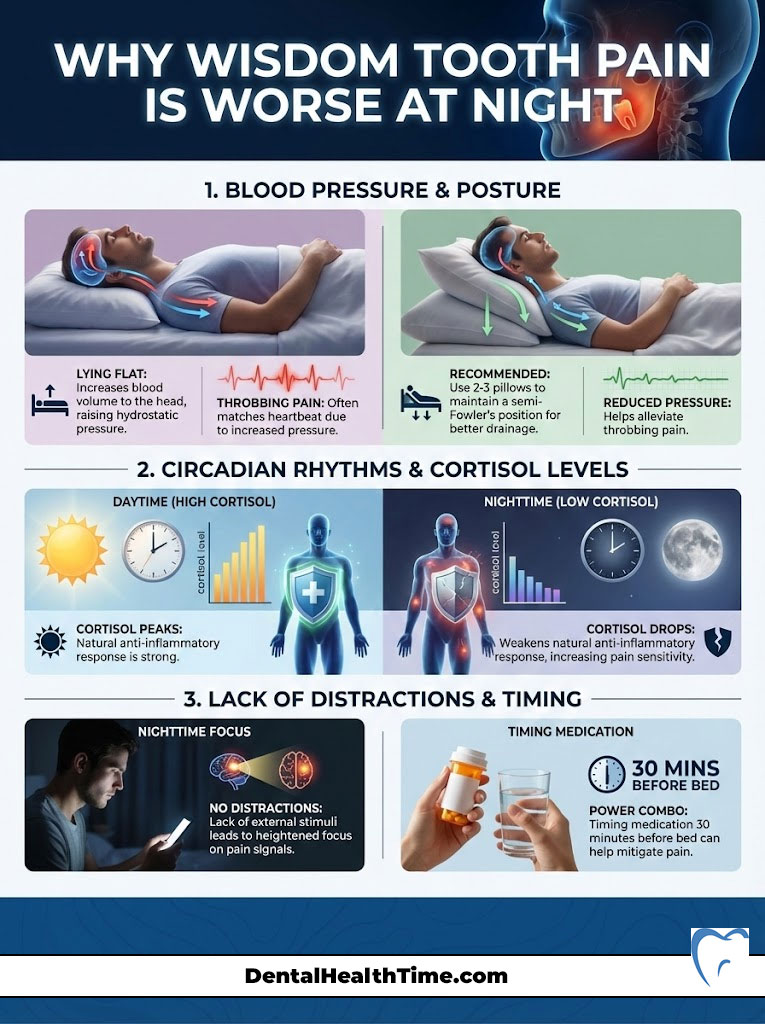 Infographic explaining why wisdom tooth pain is worse at night, detailing blood pressure, circadian rhythms, and distractions.
