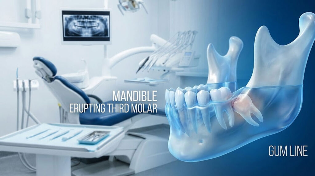 Dental office scene featuring a 3D model of a mandible with an erupting third molar and gum line details.