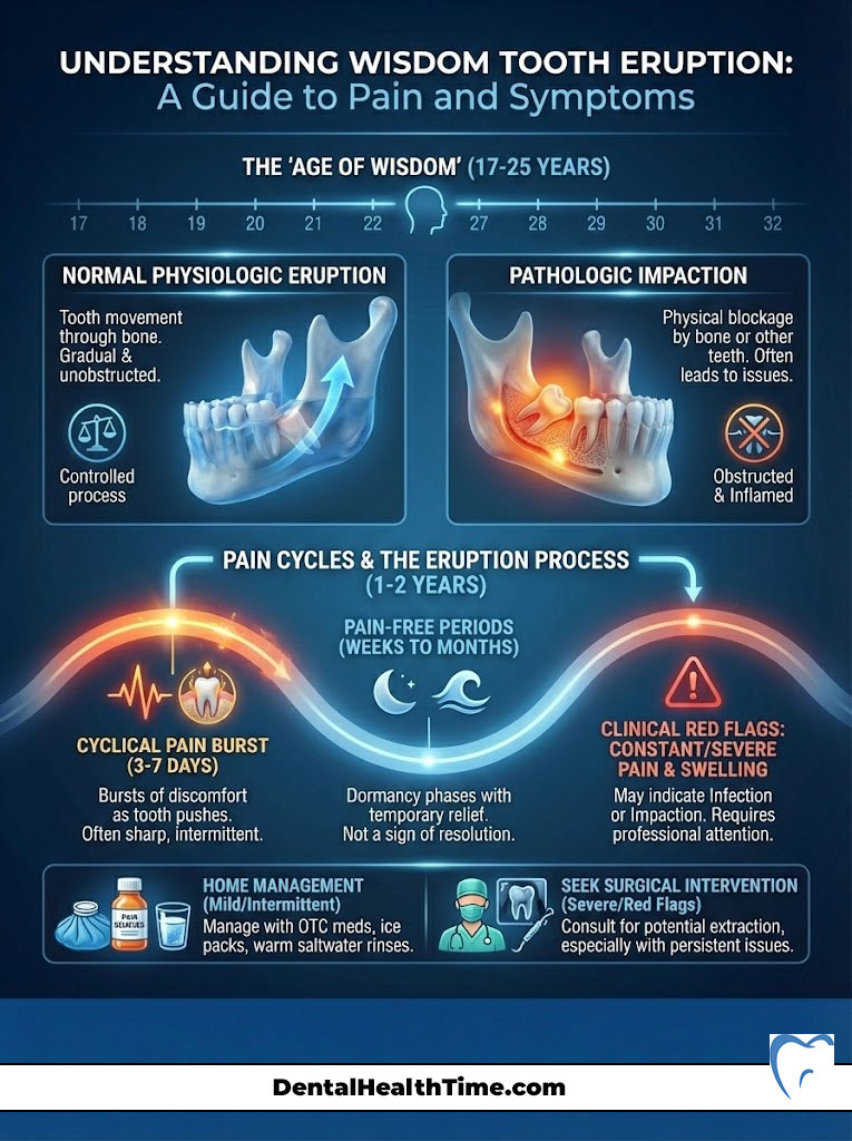Infographic explaining wisdom tooth eruption, showing normal eruption, pathologic impaction, pain cycles, and management tips.