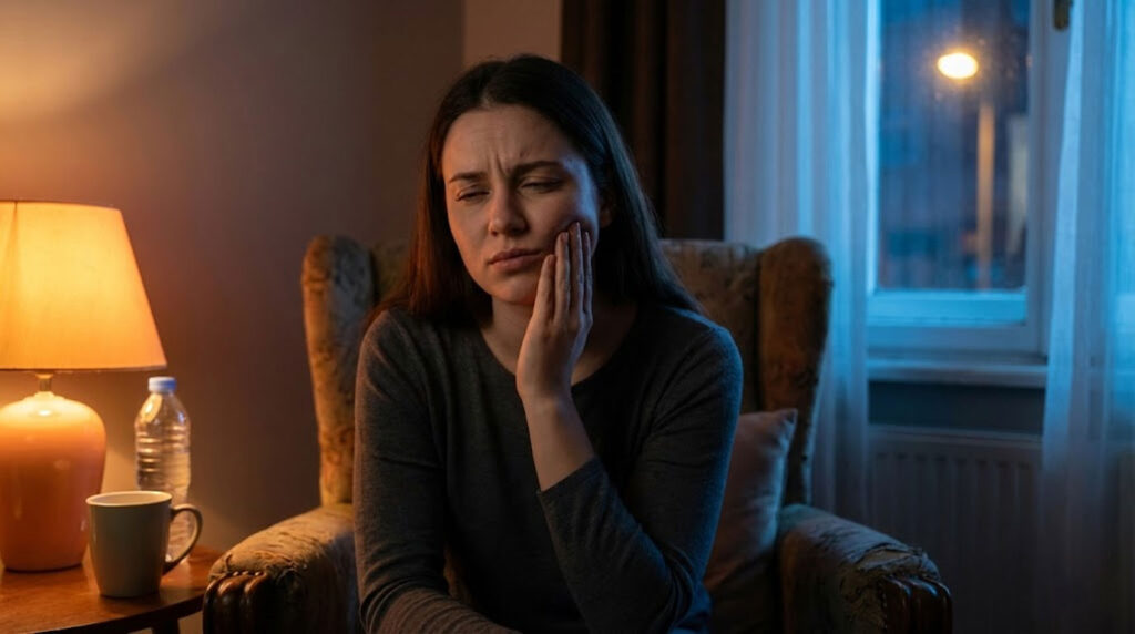 A woman sitting in an armchair holds her face in pain, with a lamp and window in the background.