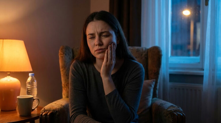 A woman sitting in an armchair holds her face in pain, with a lamp and window in the background.
