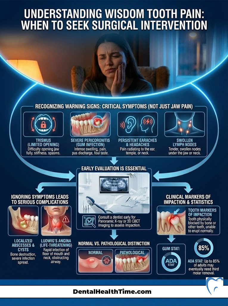 Infographic showing wisdom tooth pain symptoms, complications, and evaluation importance with illustrations and statistics.