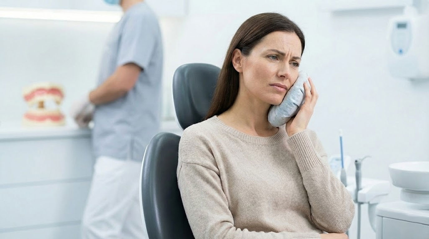 A woman sits in a dental office, holding an ice pack to her cheek, looking concerned while a dentist works nearby.